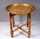 Folding Anglo-indian Wine Coffee Table Brass Top Wood Legs Vintage