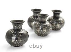 Group of 4 Vintage Indian Silver Inlaid Bidri Ware Small Vases with Fish Motif