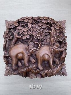 Handmade Carved Panel vintage 3D Elephant hindu asian Ubud Bali wooden decor