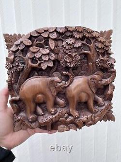 Handmade Carved Panel vintage 3D Elephant hindu asian Ubud Bali wooden decor