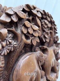 Handmade Carved Panel vintage 3D Elephant hindu asian Ubud Bali wooden decor