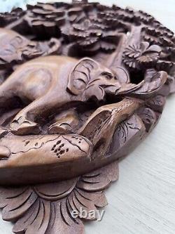 Handmade Carved Panel vintage 3D Elephant hindu asian Ubud Bali wooden decor