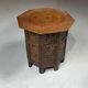 Heavily Carved Anglo-indian Octagonal Folding Table With Brass Inlay F8