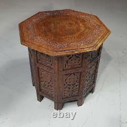 Heavily Carved Anglo-Indian Octagonal Folding Table with Brass Inlay F8