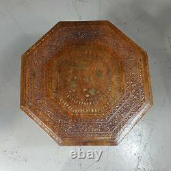 Heavily Carved Anglo-Indian Octagonal Folding Table with Brass Inlay F8