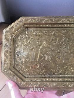 Heavy Vintage Etched Indian Brass Tray Depicting Hindu Mother Goddess Maa Durga