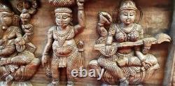 Hindu God Ganesh Lakshmi Saraswathy Vintage Wooden Temple Wall Panel Statue Rare