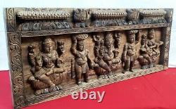 Hindu God Ganesh Lakshmi Saraswathy Vintage Wooden Temple Wall Panel Statue Rare