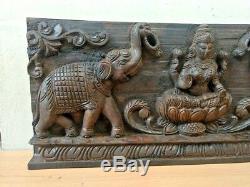Hindu Goddes Lekshmi Wooden Vintage Wall Panel Laxmi w Elephant Sculpture Statue