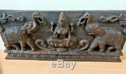 Hindu Goddes Lekshmi Wooden Vintage Wall Panel Laxmi w Elephant Sculpture Statue
