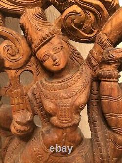 Hindu South Indian Wooden Hand Carved Panel of Goddess Radha Early 20th