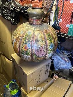 Huge Vintage Antique India Hand Painted Metal Water Pot Jug Bottle Vase Rare