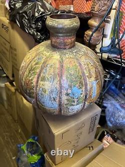 Huge Vintage Antique India Hand Painted Metal Water Pot Jug Bottle Vase Rare