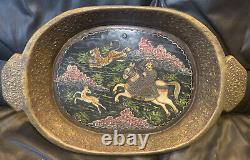 INDIAN HAND PAINTED AND CARVED HUNTING SCENE TRAY Antique & Vintage