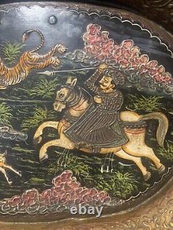 INDIAN HAND PAINTED AND CARVED HUNTING SCENE TRAY Antique & Vintage