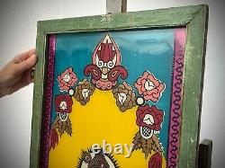 INDIAN REVERSE GLASS PAINTING KRISHNA SACRED COW VINTAGE 20th c