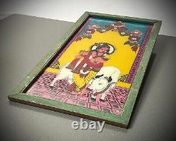 INDIAN REVERSE GLASS PAINTING KRISHNA SACRED COW VINTAGE 20th c