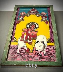 INDIAN REVERSE GLASS PAINTING KRISHNA SACRED COW VINTAGE 20th c