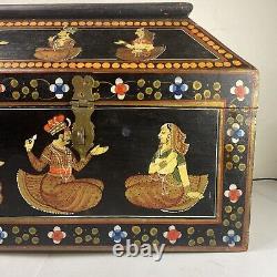 India Wedding Marriage Dowry Mughai Hand Painted Wood Box Vtg Antique