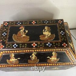 India Wedding Marriage Dowry Mughai Hand Painted Wood Box Vtg Antique