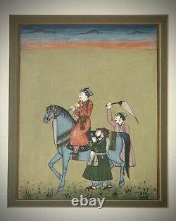 Indian Miniature Painting Rajput Nobleman On Horseback MID 20th C Later Frame