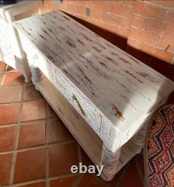 Indian Vintage White Wooden Console Table Hand Carved Floral 2 Drawers