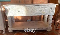 Indian Vintage White Wooden Console Table Hand Carved Floral 2 Drawers