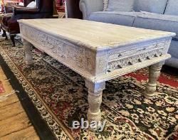 Indian Wooden Coffee Table Hand Carved Detailing Vintage Distressed Paint Finish