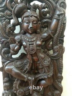 Kaliya Krishna Sculpture Hindu God Krsna Statue Vintage Wall Wooden Panel Decor