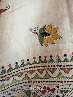 Kantha Embroidery Silk Shawl West Bengal India Vintage Exquisite Embroidery^