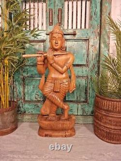 Large Antique Vintage Indian Hand Carved Wooden Hindu Temple God Statue Krishna
