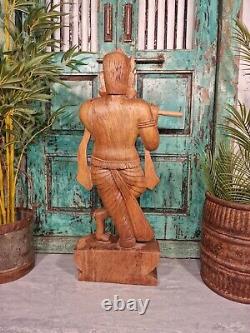 Large Antique Vintage Indian Hand Carved Wooden Hindu Temple God Statue Krishna