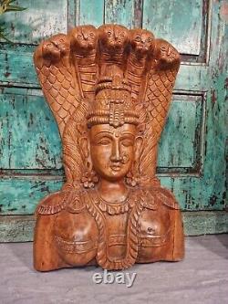 Large Antique Vintage Indian Hand Carved Wooden Hindu Temple God Statue Vishnu