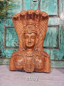 Large Antique Vintage Indian Hand Carved Wooden Hindu Temple God Statue Vishnu