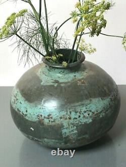 Large Antique Vintage Indian Metal Riveted Water Pot Bowl. Lota. Cadmium Yellow