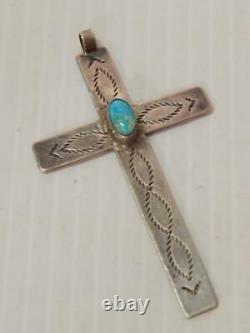 Large Antique Vintage Navajo Indian Cross Hand Stamped Turquoise Sterling Silver
