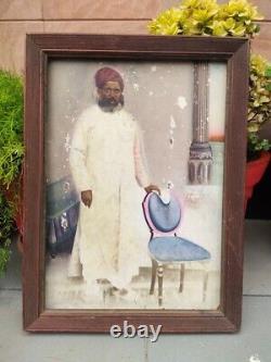 Large Framed Vintage Hand-Painted Painting On Indian Man B&W Print framed