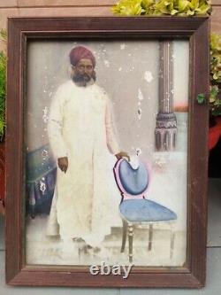 Large Framed Vintage Hand-Painted Painting On Indian Man B&W Print framed