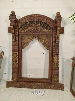 Large Gold Vintage Hand Made Authentic Indian Carved Jharokha Wall Mirror Frame