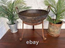 Large Indian Vintage Heavy Duty Iron Metal Kadai Bowl & Stand Fire Pit BBQ