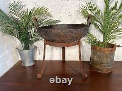 Large Indian Vintage Heavy Duty Iron Metal Kadai Bowl & Stand Fire Pit BBQ