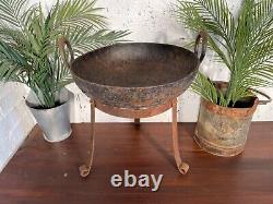 Large Indian Vintage Heavy Duty Iron Metal Kadai Bowl & Stand Fire Pit BBQ