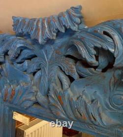 Large Indian Wall Mirror Hand Carved Wood Vintage Distressed Blue H162cm