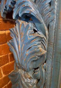 Large Indian Wall Mirror Hand Carved Wood Vintage Distressed Blue H162cm