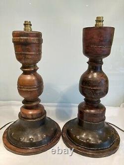 Large Pair Of Antique Vintage Painted Indian Hardwood Table Lamps