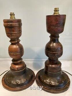 Large Pair Of Antique Vintage Painted Indian Hardwood Table Lamps