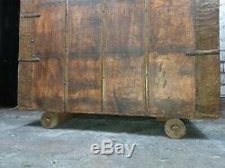 Large Vintage Authentic Indian Banded Wooden Dowry Marriage Chest Storage Trunk