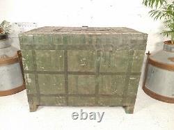 Large Vintage Green Rustic Indian Iron Banded Wooden Storage Chest Trunk TV Unit
