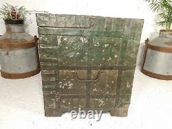 Large Vintage Green Rustic Indian Iron Banded Wooden Storage Chest Trunk TV Unit