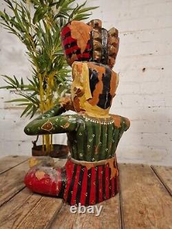 Large Vintage Indian Polychrome Hand Carved Wooden Musician Statue Sculpture